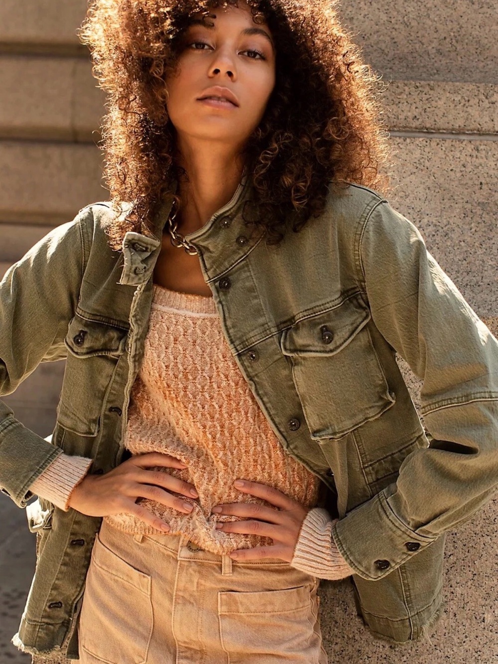 Free People Harley Military Green Denim Utility Jacket - Small